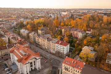 Drone photography of city downtown district during autumn day