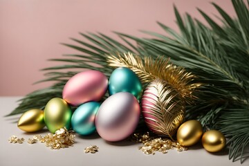 In English, it would be: Easter decor of golden and silver eggs with palm branches in various shades on a simple background