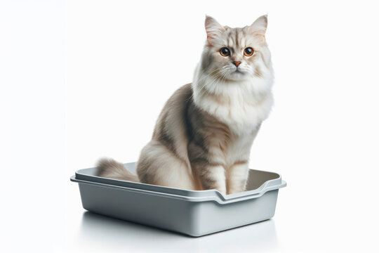 full body photo of a cat sitting on the litter box isolated on solid white background. ai generative