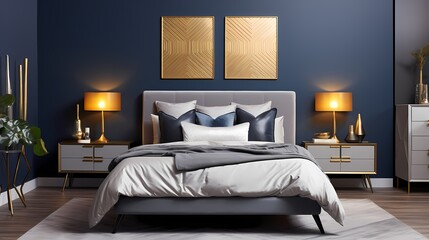 A modern bedroom adorned with a sleek, monochromatic gray bed set against a backdrop of vibrant, cobalt-blue walls and accents of metallic gold, exuding contemporary elegance.