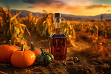Beautiful glass bottle of pumpkin oil with orange and green pumpkins are standing on ground in...