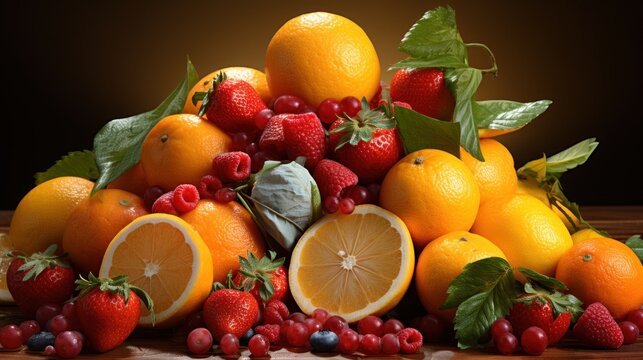 pile of fruit including oranges strawberries UHD Wallpaper