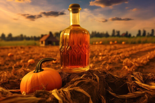 Beautiful glass bottle of pumpkin oil with orange and green pumpkins are standing on ground in field