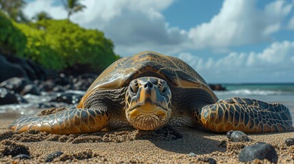 A large land turtle lies on the ocean shore