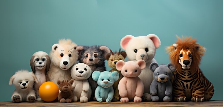 A high-resolution image featuring a variety of toy animals arranged artistically, with room for text, set against a pastel blue background