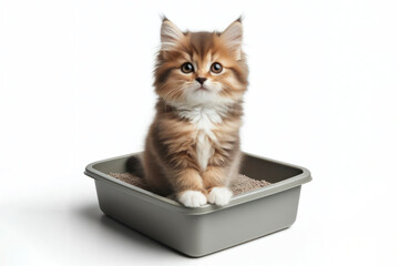 full body photo of a little kitten sitting on the litter box isolated on solid white background. ai generative - obrazy, fototapety, plakaty