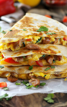 professional, up-close and modern food photography of breakfast quesadilla