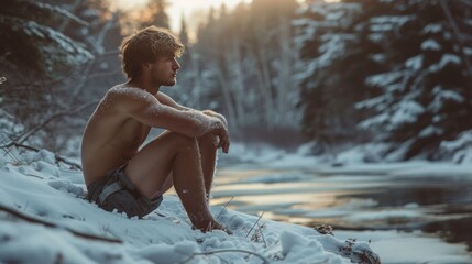 A frozen man sits in only shorts in the middle of a winter forest