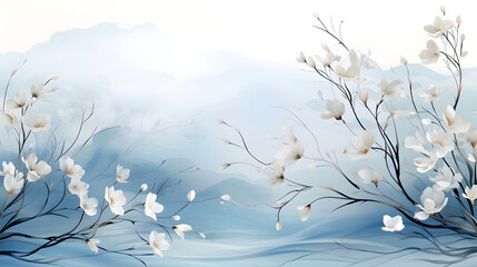 Nature background of White Flowers Painting on a serene Blue Background, spring, with beautiful brushwork and watercolor-like washes, ideal for advertisements and wallpapers