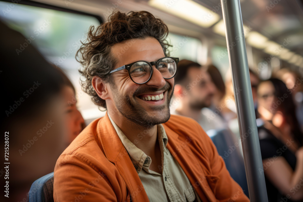 Poster a commuter shares a smile with a fellow passenger on a crowded train, creating a brief yet genuine c