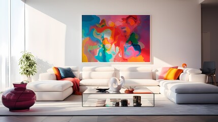 A minimalist living room design boasting a white modular sofa, a glass coffee table, and a statement piece of artwork adorning the wall in bold, vivid colors.