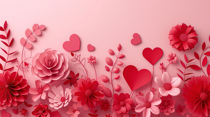 Valentine's Day background with hearts and flowers, paper art style
