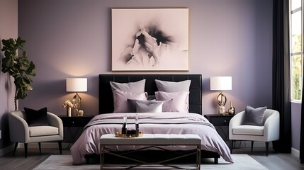 A modern bedroom adorned with a sleek, black leather bed frame against a backdrop of soft, pastel lavender walls and accents of metallic silver, embodying contemporary chic.