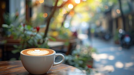 Obraz premium A cup of cappuccino in a street cafe