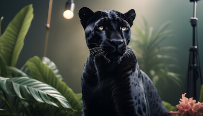 A Majestic black panther stands gracefully against a backdrop of vibrant tropical plants, illuminated by studio light