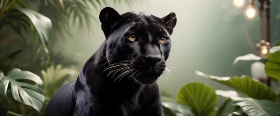 Foto op Plexiglas A Majestic black panther stands gracefully against a backdrop of vibrant tropical plants, illuminated by studio light © PLATİNUM