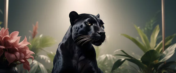 Tuinposter A Majestic black panther stands gracefully against a backdrop of vibrant tropical plants, illuminated by studio light © PLATİNUM