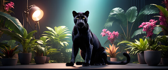 A Majestic black panther stands gracefully against a backdrop of vibrant tropical plants, illuminated by studio light