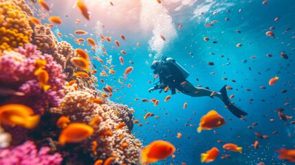 Fototapeta na wymiar A scuba diver swims next to a shark in the ocean underwater