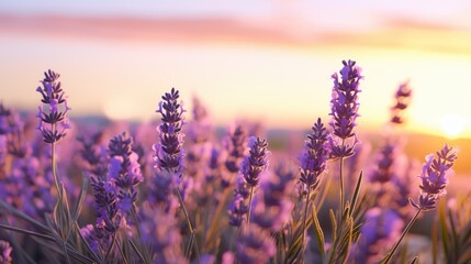 Purple lavender flowers blooming. Closeup shot at golden hour sunset. AI Generated 