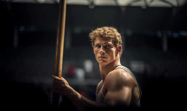Handsome young adult athlete Pole vaulter sport man portrait standing with pole in indoor athletic stadium ready for next attempt. Active people, Olympic Games and International competitions concept