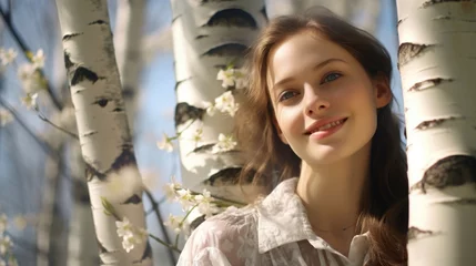 Outdoor-Kissen Beautiful model looking young woman in a birch tree grove on a beautiful sunny spring day. AI Generated © Serhii