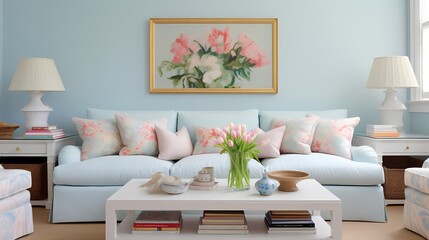 Fototapeta na wymiar A fresh and inviting living room with soft pastel blue walls, a white slipcovered sofa, and a collection of colorful throw pillows, creating a serene and comfortable atmosphere.