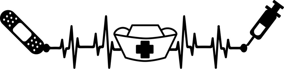 Heartbeat Nurse, plaster, string, medicine and hospital vector graphics, cure, take care of the patient with love, save life, medicate, - obrazy, fototapety, plakaty