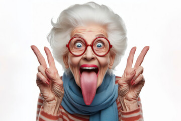 funny old woman shows long tongue isolated on solid white background. ai generative