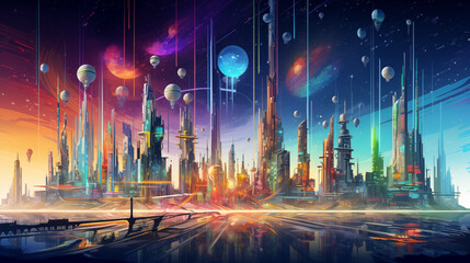 Futuristic metropolis with towering skyscrapers and advanced flying vehicles in a spectrum of colors