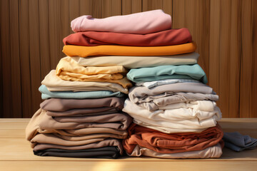 A neatly folded stack of laundry exudes tidiness and cleanliness, capturing the essence of a well-maintained living space. Generative Ai.
