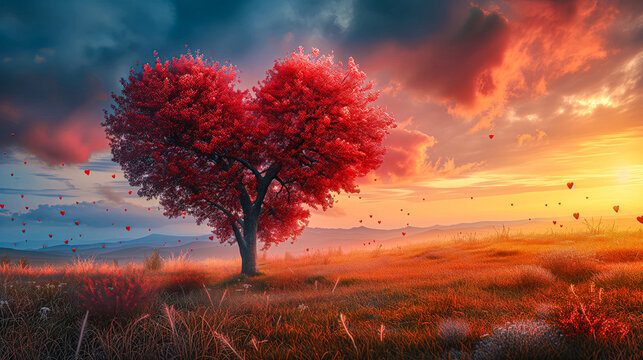 Red heart shaped tree at sunset, love illustration, valentine's day