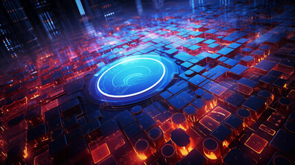 Glowing lines and circles in digital circuitry and technological concept in vibrant hues