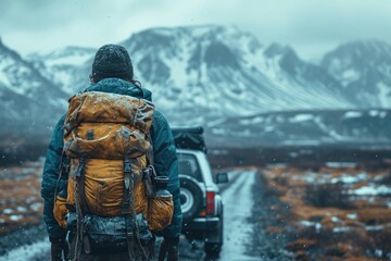 As the snowflakes danced around her, a lone hiker trekked through the wintry landscape, with a car looming in the distance and the majestic mountains towering above, a beautiful contrast against the 
