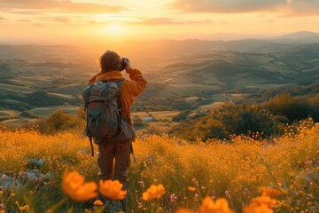 A solitary figure captures the majestic beauty of the natural world, surrounded by rolling fields and vibrant flora, as the sun sets behind the towering mountain peaks