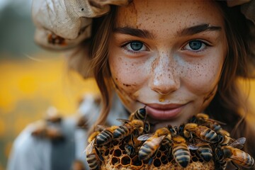 A fashion-forward woman confidently wears a beehive-inspired accessory as a swarm of buzzing bees surrounds her face, evoking a sense of natural beauty and fearless determination