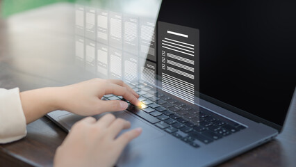 Businesswoman checks documents online, Businesswoman working on laptop with virtual screen, Company articles of association terms and conditions, Concepts of practices and policies