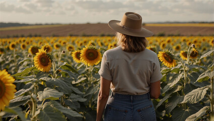 Female farmer looking at an endless field of sunflowers. - obrazy, fototapety, plakaty