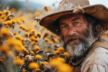 A bearded man sporting a yellow sun hat stands confidently among a swarm of buzzing bees, his portrait capturing the essence of nature and a touch of whimsy