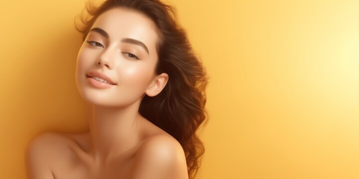 Skin and hair model, beauty woman, light yellow background, beautiful eyes, look, snile