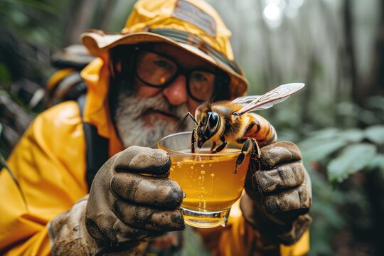 A curious man clad in bright yellow clothing gazes intently at a tiny bee perched delicately on the rim of his glass, the vibrant orange hues of nature's bounty surrounding them in the great outdoors - Powered by Adobe