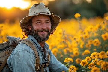 Fototapeta premium In a sea of vibrant yellow flowers, a man stands tall with a sun hat shielding his face, his rugged beard contrasting against the delicate petals