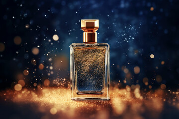 A mock-up of an elegant glass perfume bottle with a gold lid and a sparkles. Transparent vial on a dark blue background with gold sequins. Generated by AI.