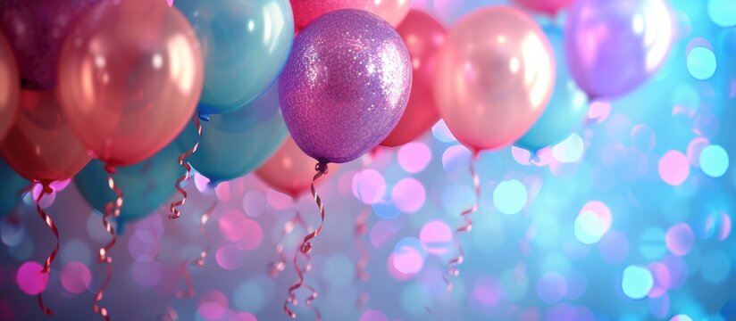 Colorful balloons for birthday celebration with bokeh and glitter background. AI generated image