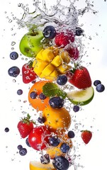 Fruit and berries in water splash, isolated on white background