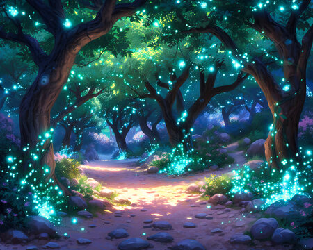 Fantasy Forest Pathway, Magical Greenery and Light, Artistic Nature and Landscape Illustration