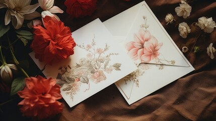 Greeting postcards and flowers on brown cloth mockup. Red and white spring flowers. Top view. AI Generated