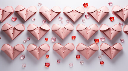 A Collection of Pink Origami Hearts Surrounded by Shimmering Glass Heart Beads on a White Backgroun