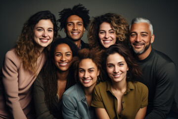 Obraz premium A group of diverse friends poses with genuine smiles, each person showcasing their unique personalities, against a neutral background that highlights their camaraderie. Generative Ai.