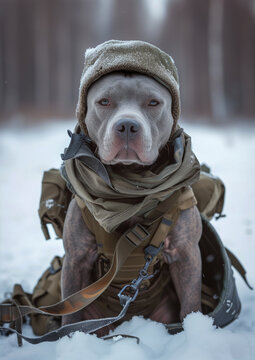 A Staffordshire Bull Terrier Dog Dressed in Military Combat Gear in the Snow